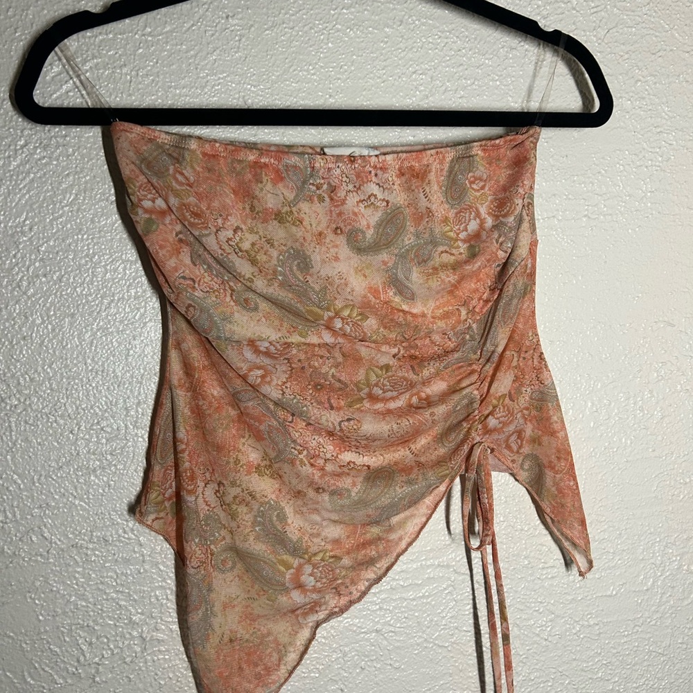 See You Monday Peach Paisley Ruched Asymmetrical Tie Cami